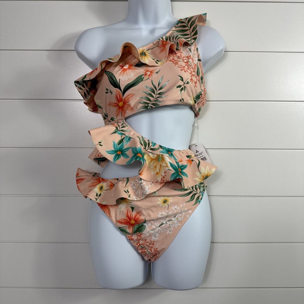 PQ Swim Botanica Ruffle Cut Out One Piece Swimsuit Pink Floral Print sz M